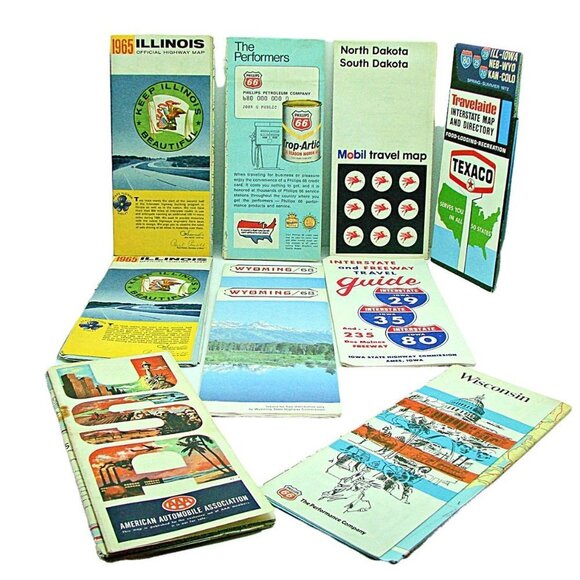 Lot Of 9 Vintage 1960's Paper Ephemera Folded Old Maps Road Maps Travel Guides - Picture 1 of 9